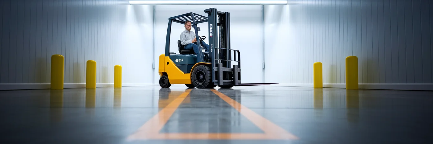 Truckförare navigerar säkert i lagerlokal.